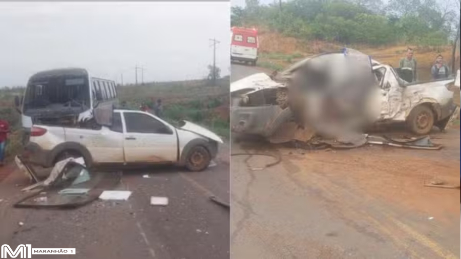 Pai, mãe e filha morrem em acidente entre ônibus e caminhonete na BR-330, em Balsas